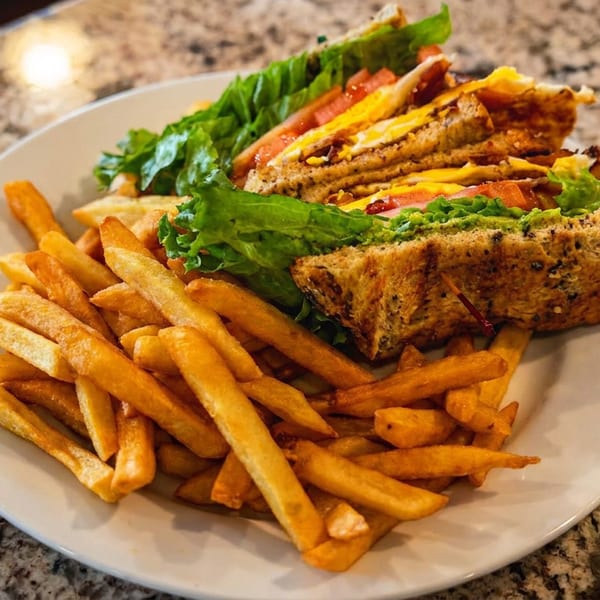 A club sandwich with lettuce, tomato, and cheese, served with a side of golden french fries.