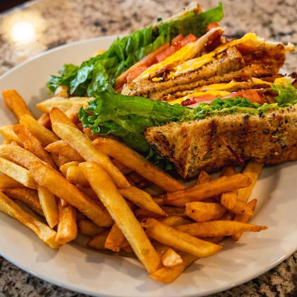 A club sandwich with lettuce, tomato, and cheese, served with a side of golden french fries.