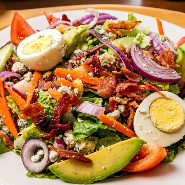 A vibrant Cobb salad with lettuce, bacon, avocado, eggs, tomatoes, red onion, and blue cheese.