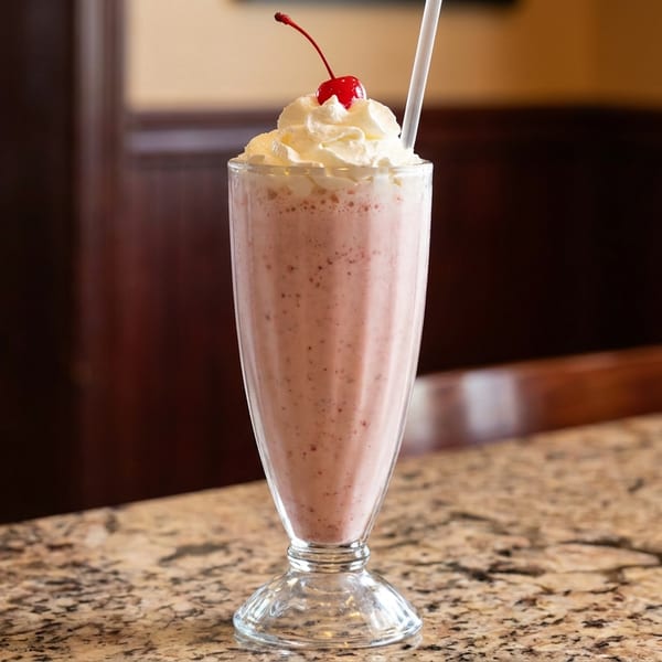 Strawberry milkshake with whipped cream and a cherry on a speckled countertop in a diner.