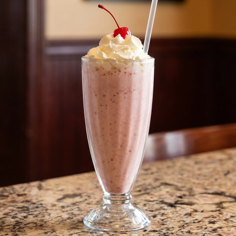 Strawberry milkshake with whipped cream and a cherry on a speckled countertop in a diner.