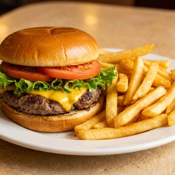 Cheeseburger with lettuce, tomato, and melted cheese, served with a side of golden french fries.