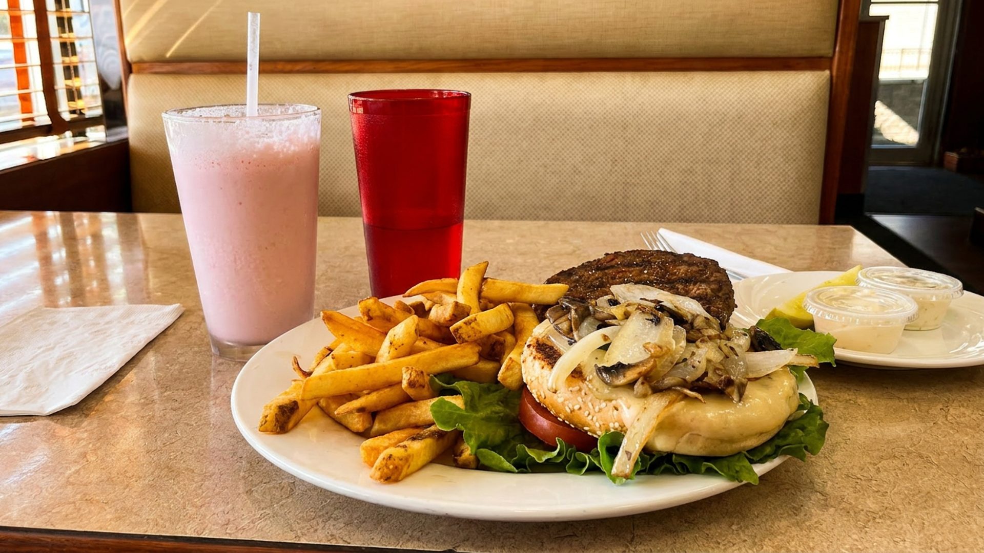 Mushroom swiss burger and a shake