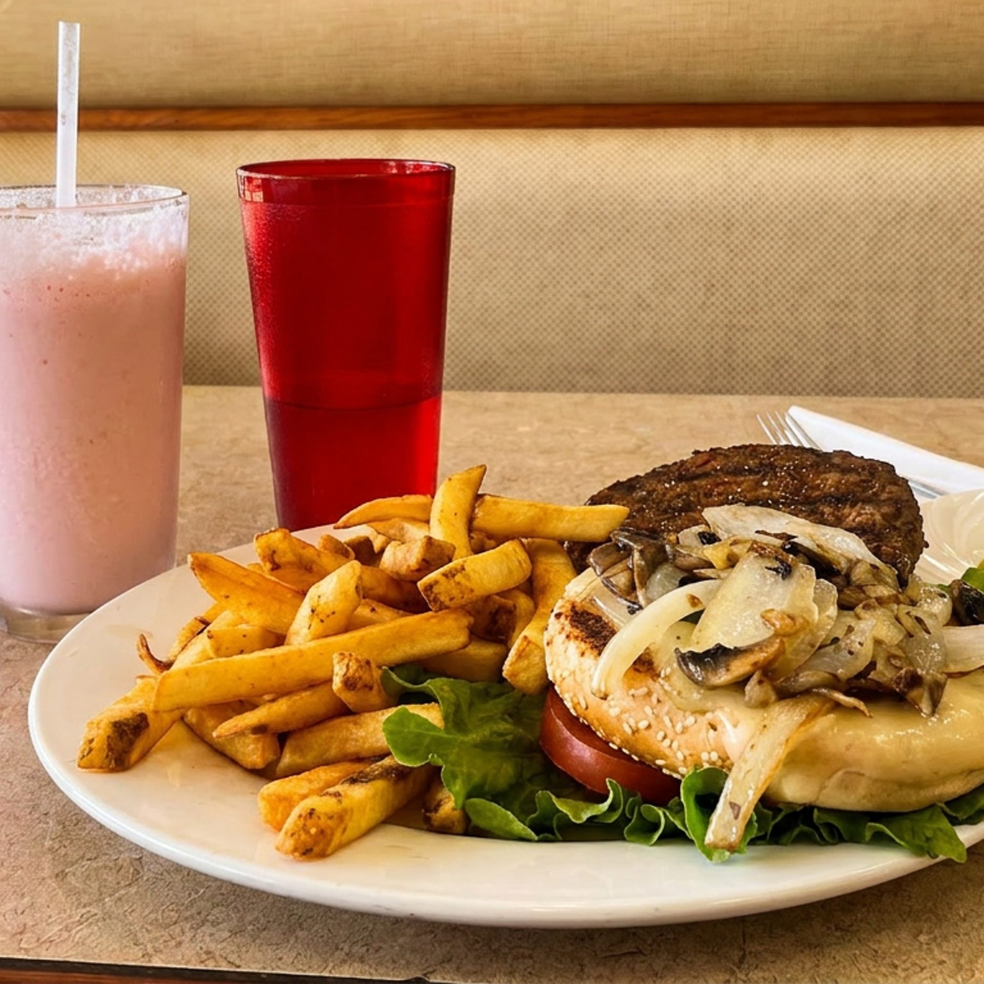 Burgers, onion rings, milkshakes